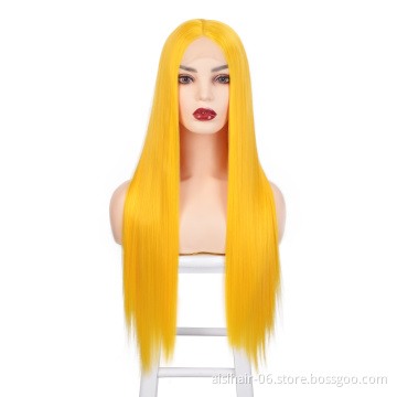 Aisi Hair 26 Inch Long Silky Straight Yellow Wig Cosplay Swiss Lace Wig Middle Part Synthetic Lace Front Wigs For Black Women